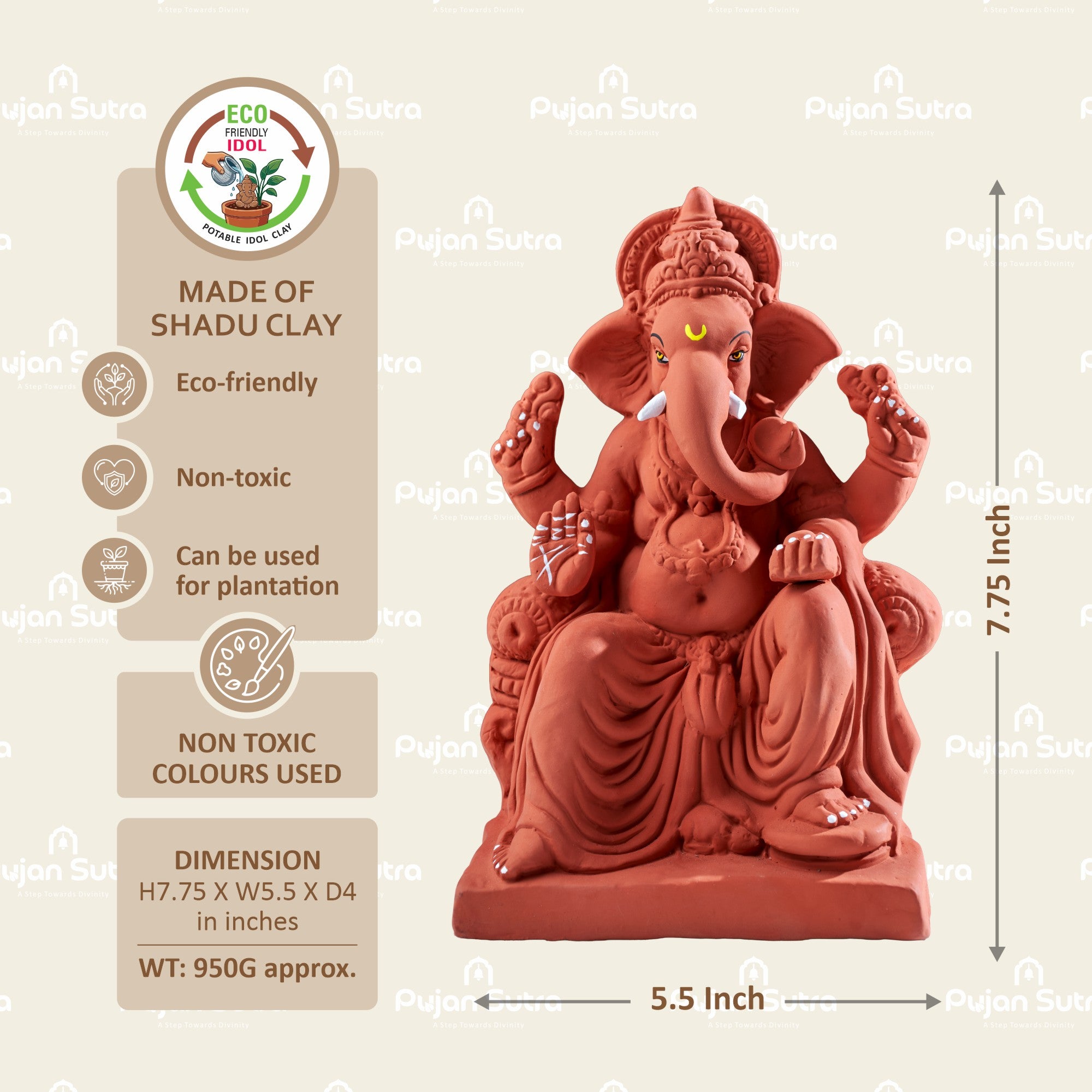 Eco-Friendly Clay Ganesh Idol | 7.75 Inch | Premium Handcrafted